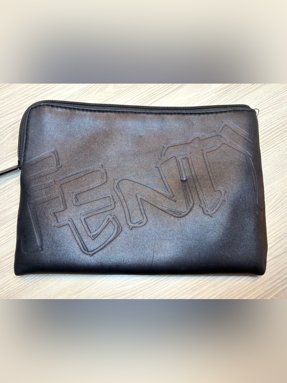 FENTY Black Leather Cosmetic Makeup Zip Pouch Clutch Bag